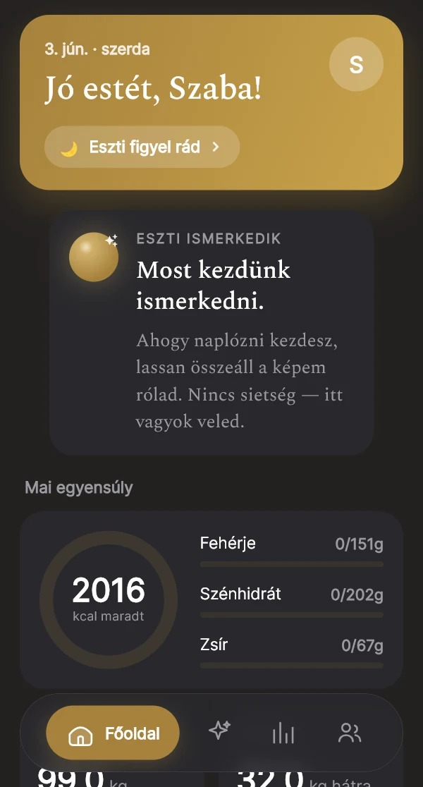 A PureShape főképernyője: napi, személyre szabott megfigyelés Esztitől, streak és figyelmeztetés nélkül